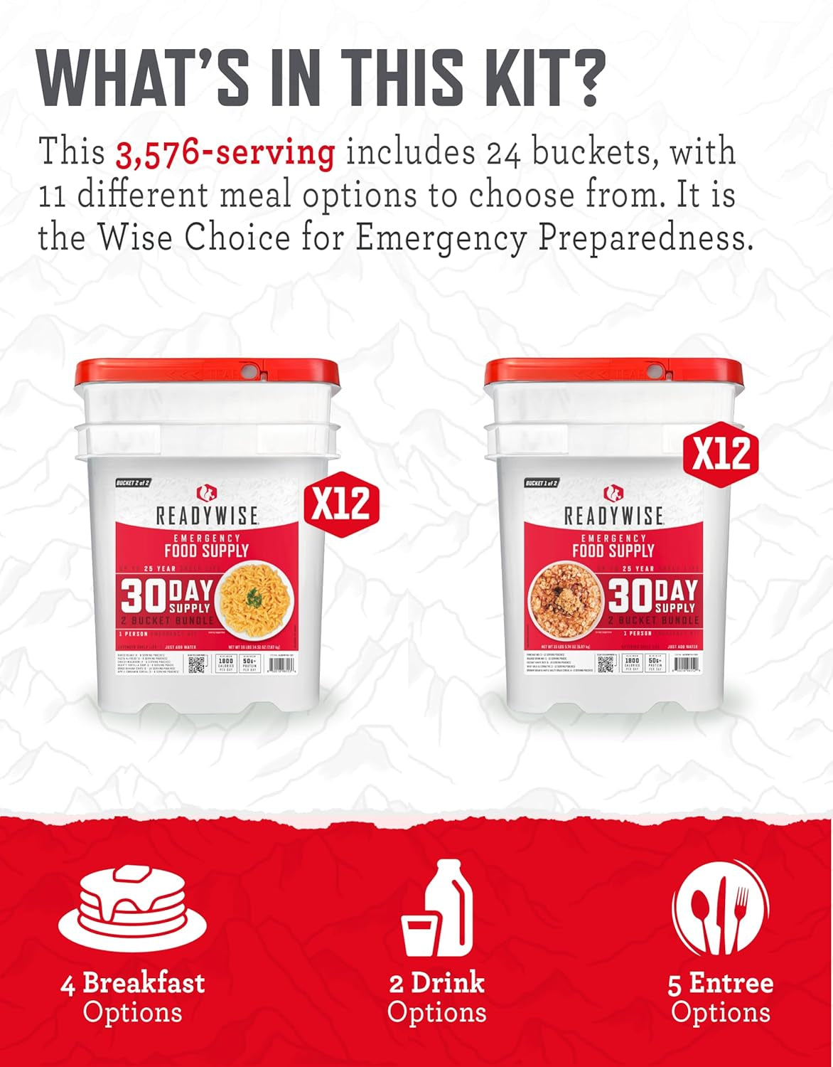 1 Year Emergency Food Supply - 3,576 Servings, 24 Buckets, Freeze Dried Protein Meals, Disaster Survival Food Storage, Ready to Eat, Camping Essentials, up to 25 Year Shelf Life