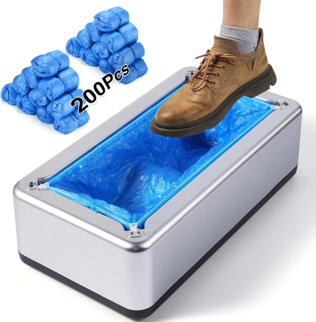 Shoe Covers Dispenser with 200Pcs Shoe Cover Disposable Non Slip, User-Friendly and Reliable Shoe Cover Machine, Fits Size up to 11 US Men, Widely Applicable in Indoor(Silver)