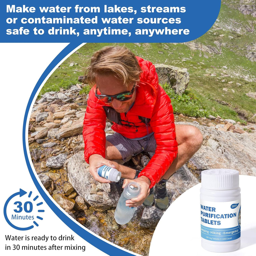 Water Purification Tablets (100 Count) - Water Tablets Purification for Drinking for Camping, Boating, Hiking, Backpacking, Emergencies - Portable Water Treatment for Safe Drinking Anywhere