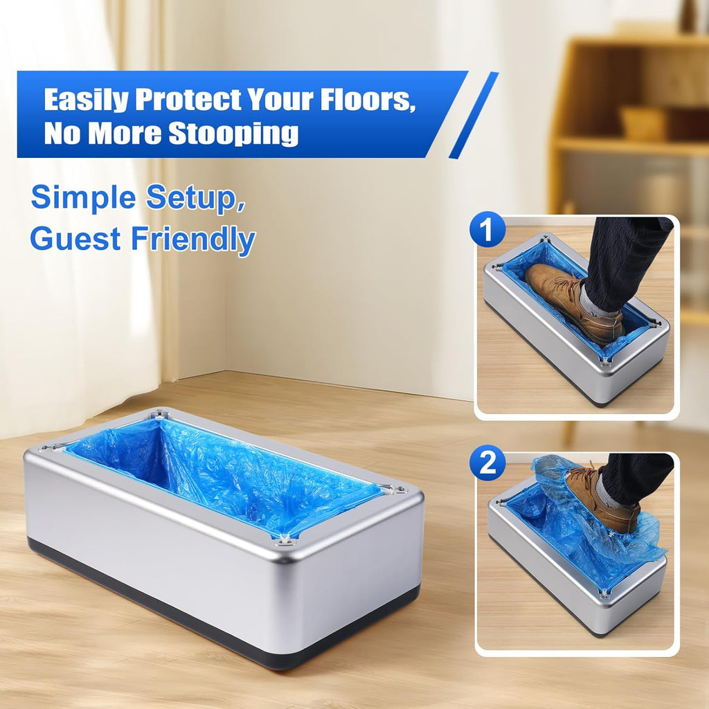Shoe Covers Dispenser with 200Pcs Shoe Cover Disposable Non Slip, User-Friendly and Reliable Shoe Cover Machine, Fits Size up to 11 US Men, Widely Applicable in Indoor(Silver)
