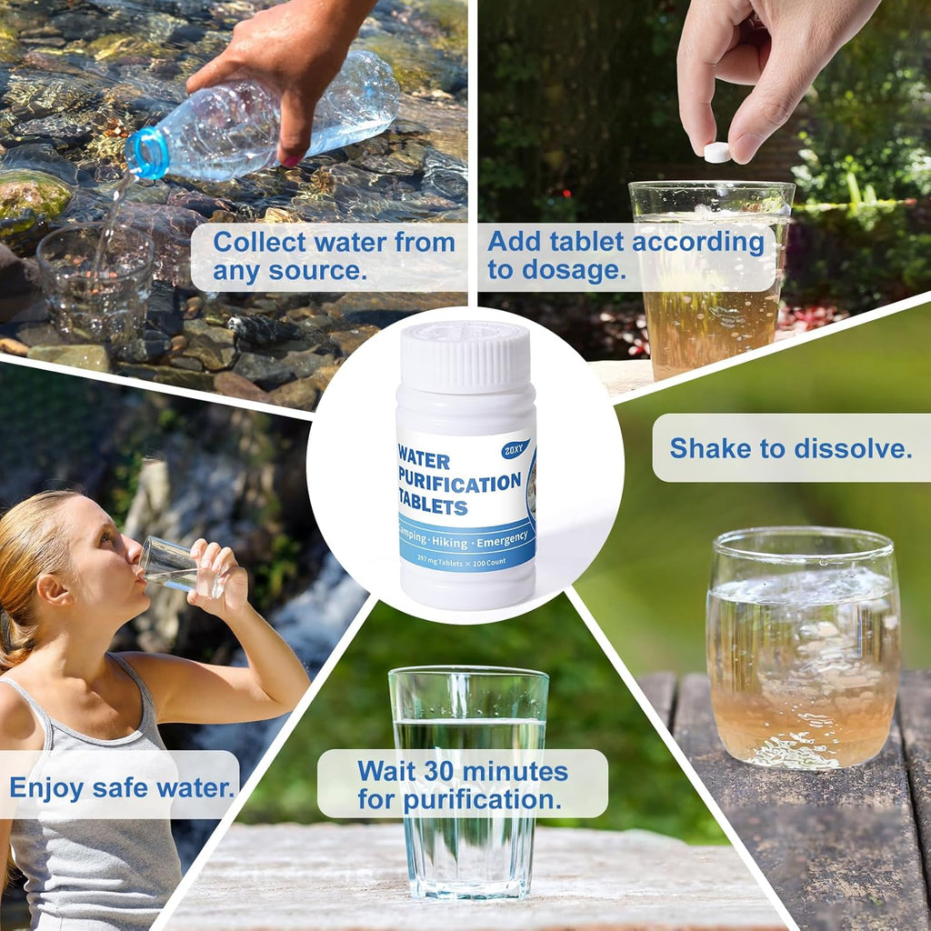 Water Purification Tablets (100 Count) - Water Tablets Purification for Drinking for Camping, Boating, Hiking, Backpacking, Emergencies - Portable Water Treatment for Safe Drinking Anywhere