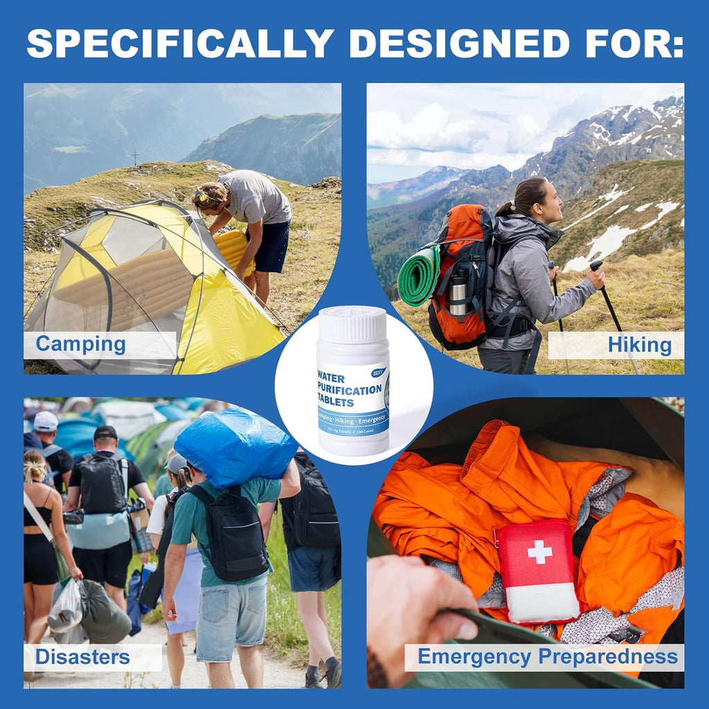 Water Purification Tablets (100 Count) - Water Tablets Purification for Drinking for Camping, Boating, Hiking, Backpacking, Emergencies - Portable Water Treatment for Safe Drinking Anywhere