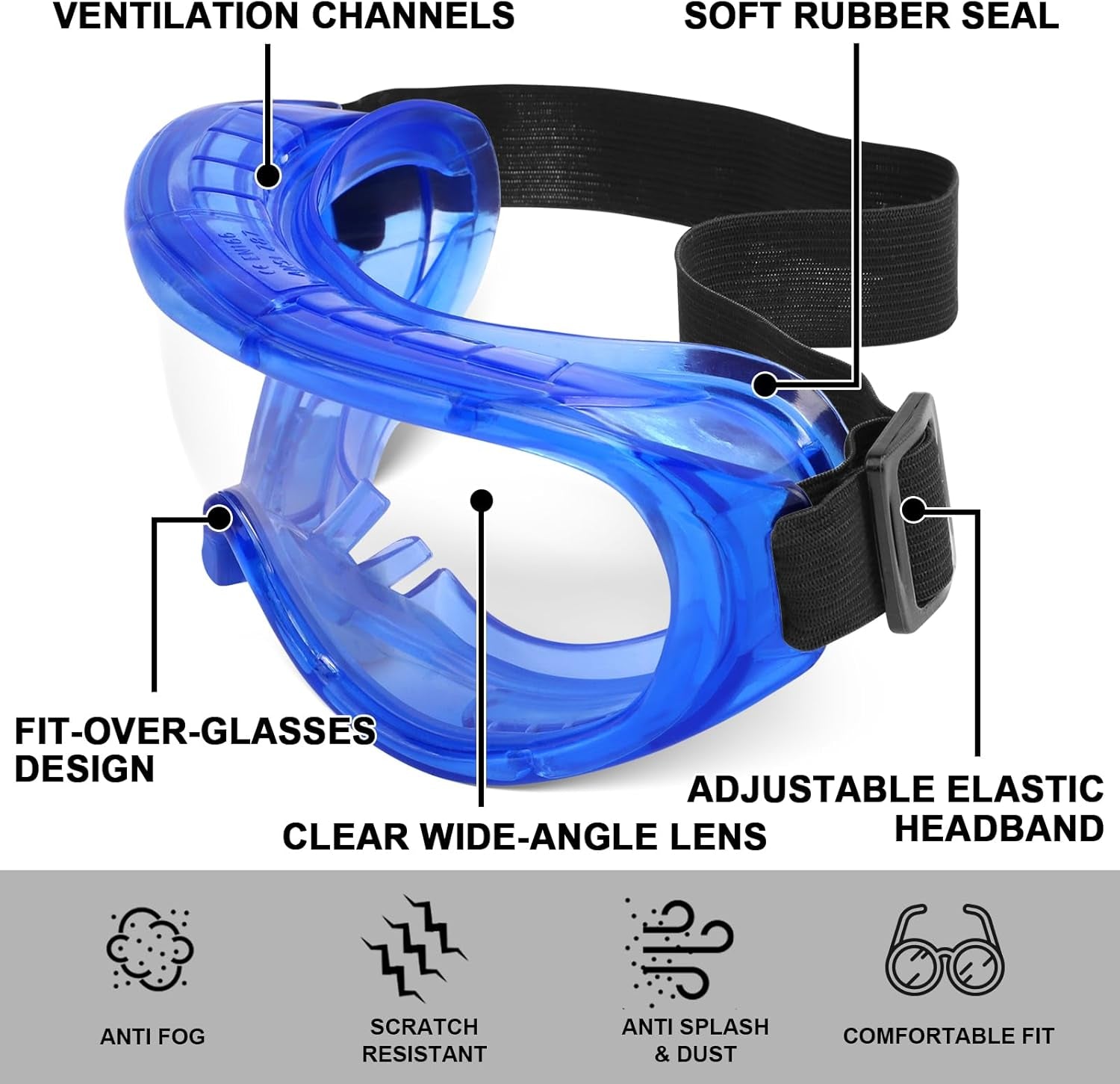 Protective Safety Goggles Anti-Fog, Adjustable Chemical Splash Eye Protection Science Lab Goggles for Women Men